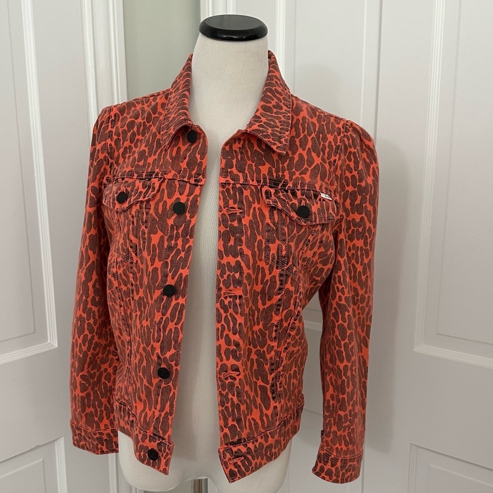 NWT MOTHER Puffy Bruiser Scooter Radioactive Paws Leopard Orange denim Jacket M